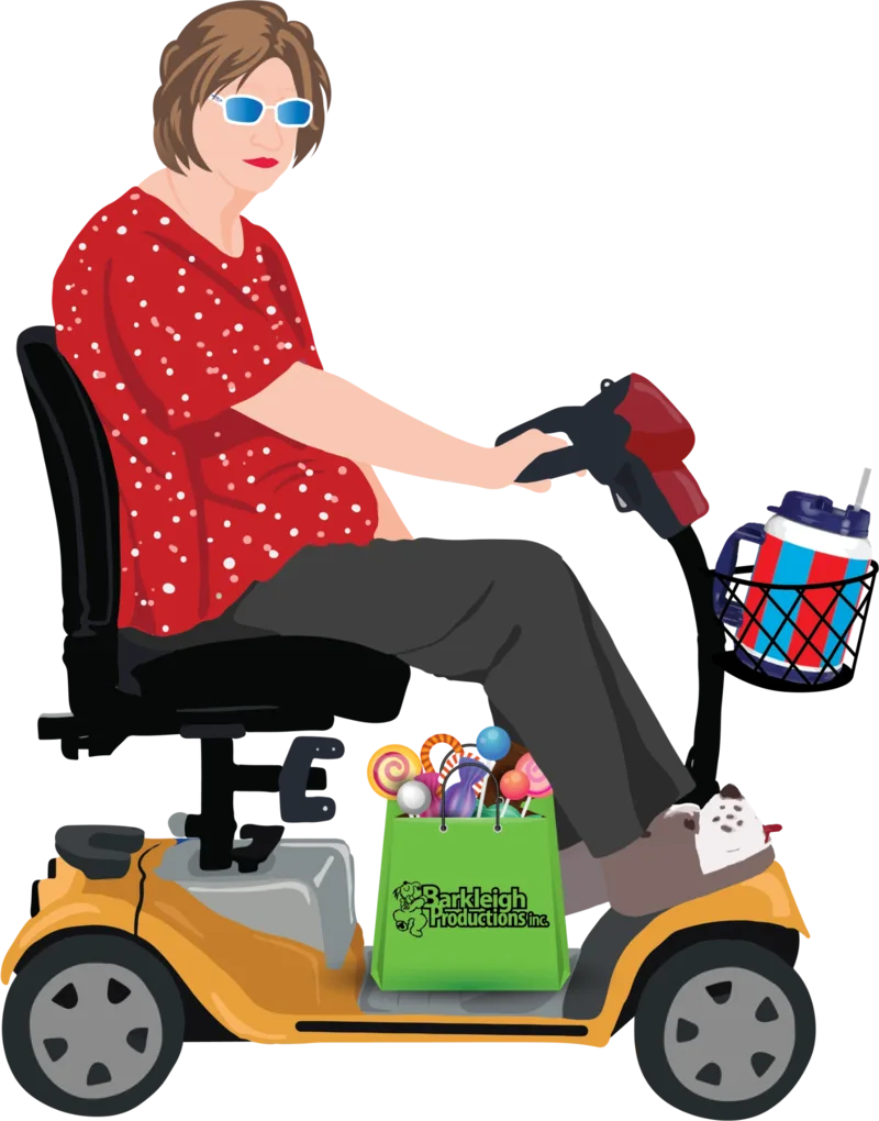Illustration of Gwen riding her gold mobility scooter